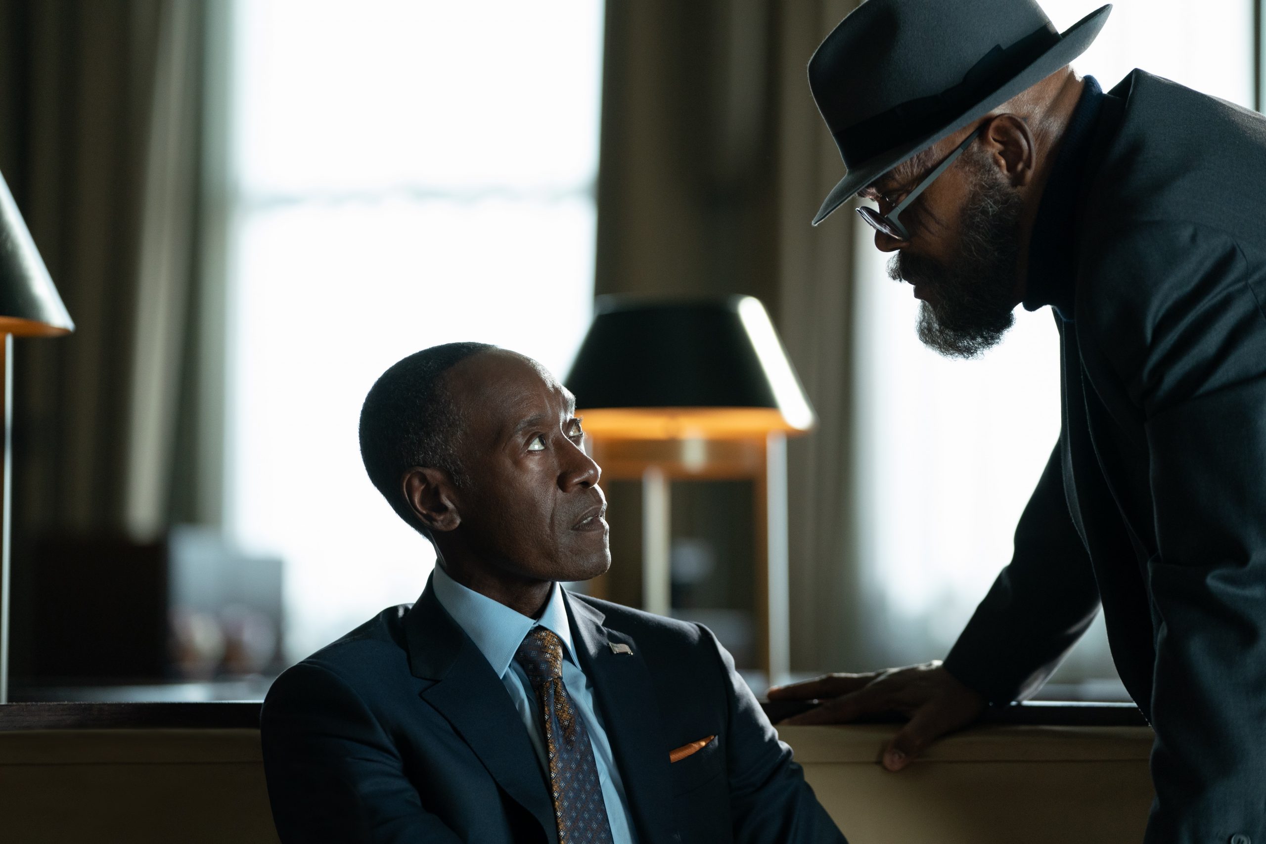 (L-R): Don Cheadle as James 'Rhodey' Rhodes and Samuel L. Jackson as Nick Fury in Marvel Studios' SECRET INVASION, exclusively on Disney+. Photo by Gareth Gatrell. © 2023 MARVEL.